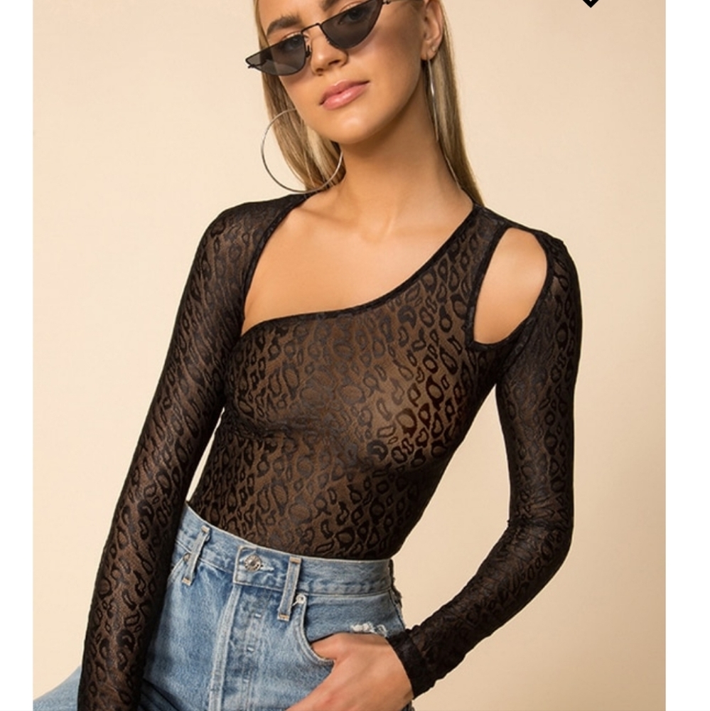 REVOLVE Superdown Aisha Lace Black Leopard Long Sleeve Bodysuit